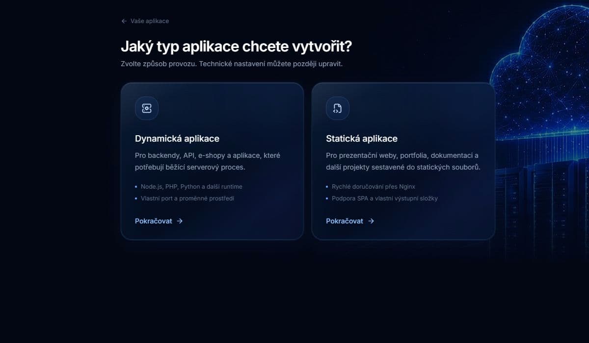 Obrazovka NoyraCloud pro vytvoření dynamické nebo statické aplikace.